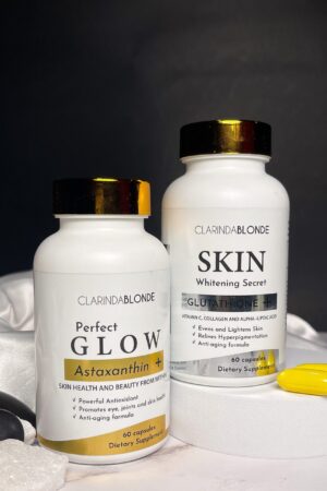 SKIN Whitening Secrets, Glutathione + and PERFECT Glow Astaxanthin+ Beauty Supplements.